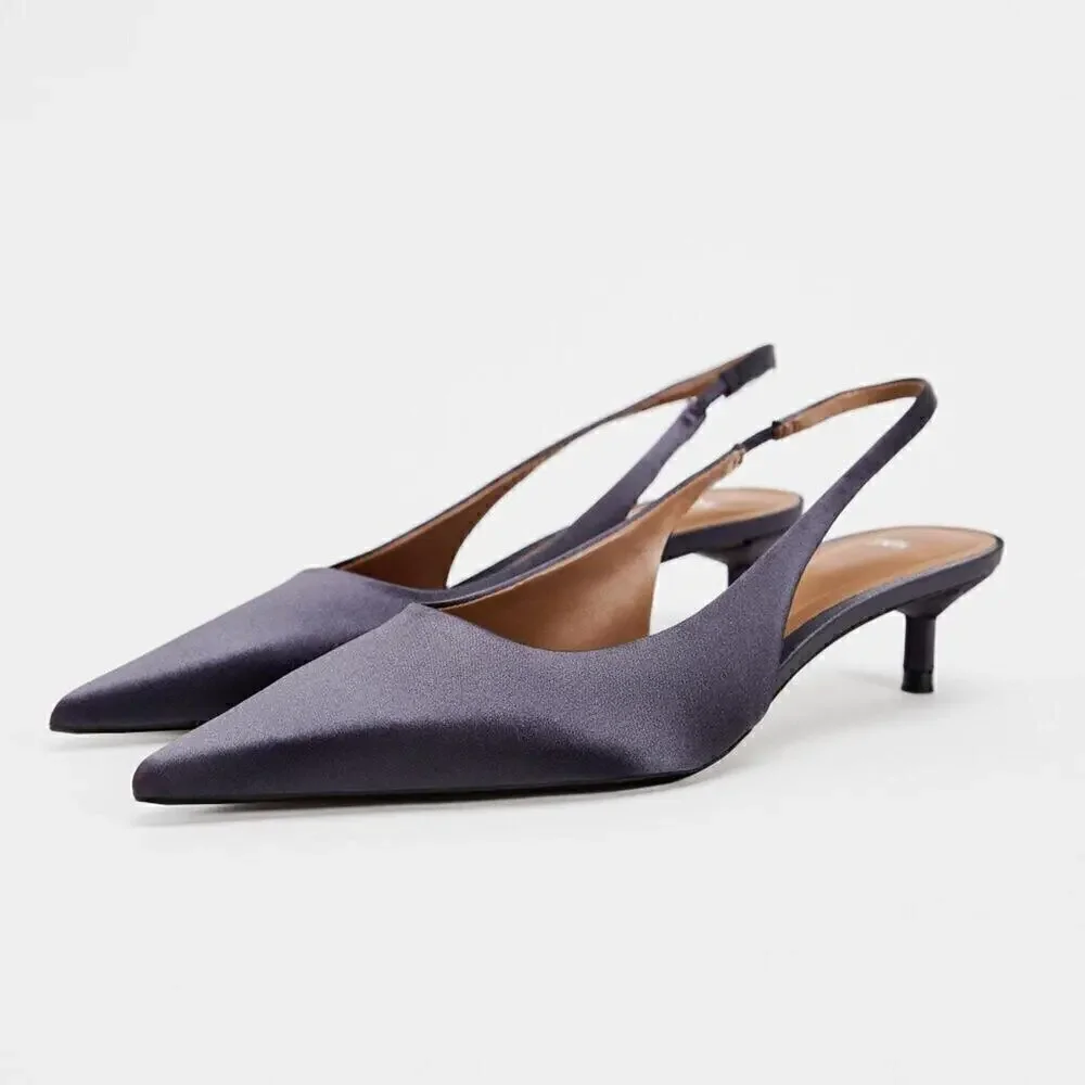 Zara Anthracite Grey Kitten Heel Slingback Pumps Pointed Toe Chic Size 7.5 NWT - Picture 15 of 16
